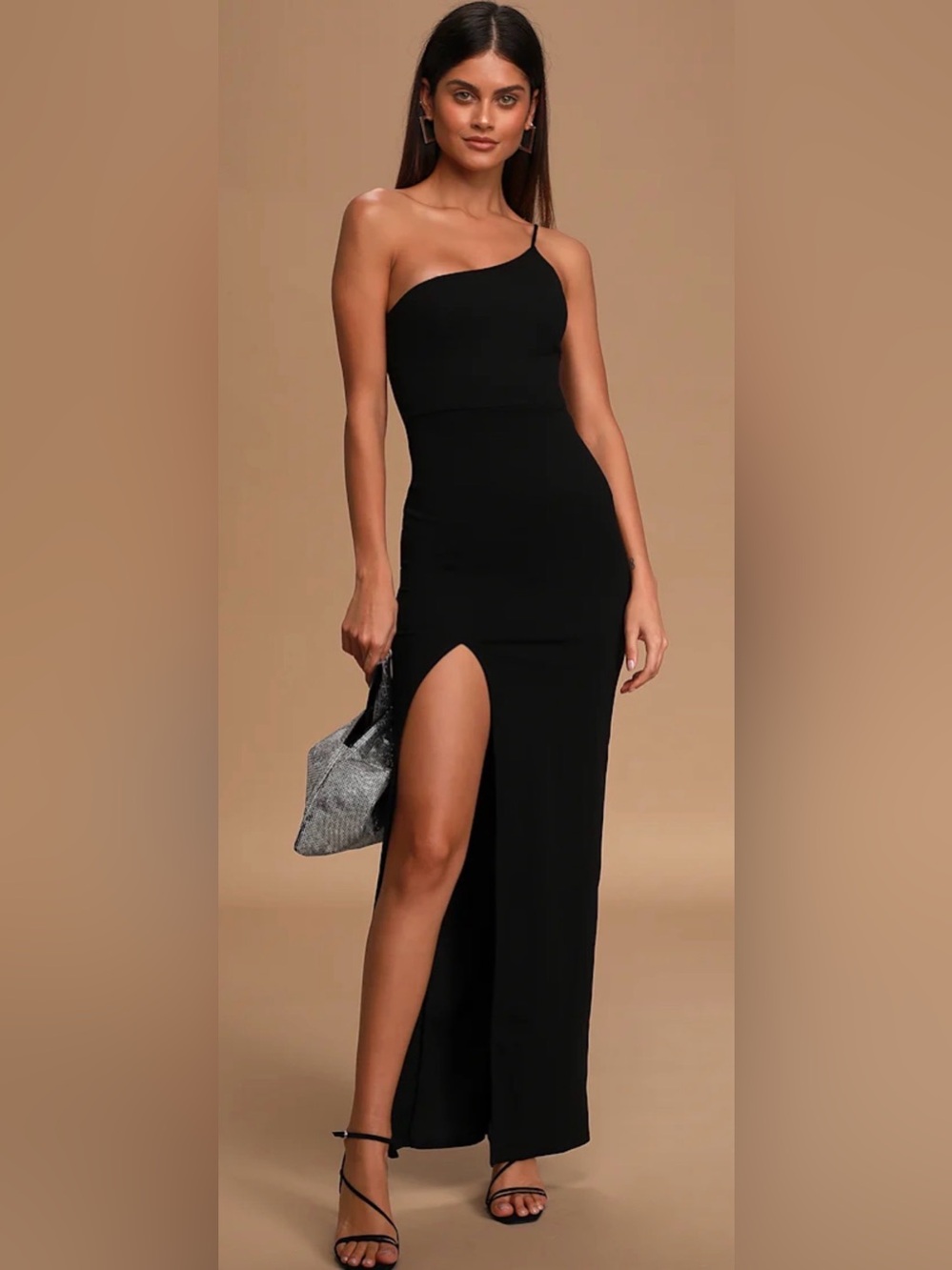 Lulu's Black One-Shoulder High-Slit Maxi Dress